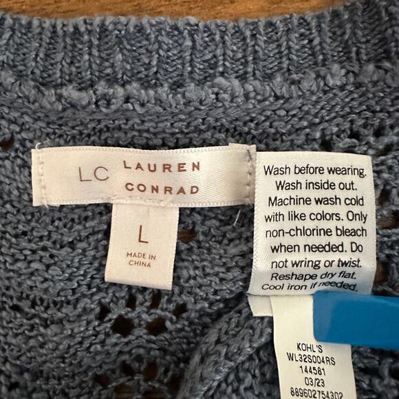 Lauren Conrad Crochet Sweater Large Blue Button Scoop Neck Cottagecore Boho EUC - Picture 8 of 8